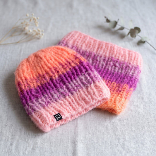 Breipakket – gemêleerde muts van dik mohair + colsjaal Orange (ENG-DE-NL-ES-FR-IT-DA-SV-NO)