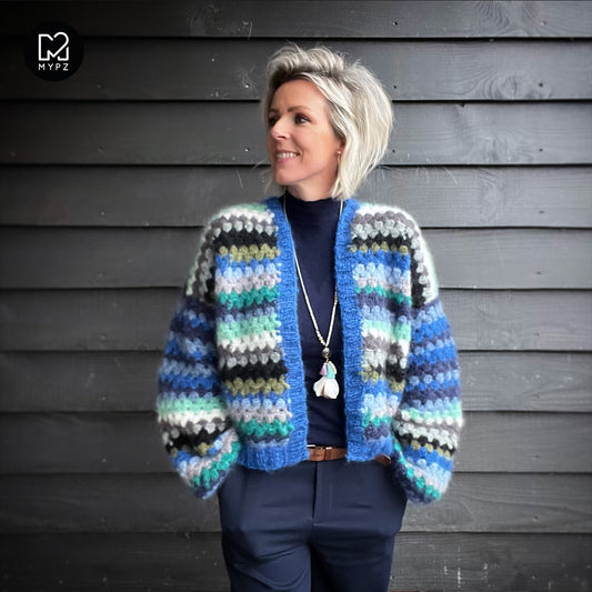 Haakpakket - MYPZ kort Mohair Granny stripes vest Jeans (ENG-NL)