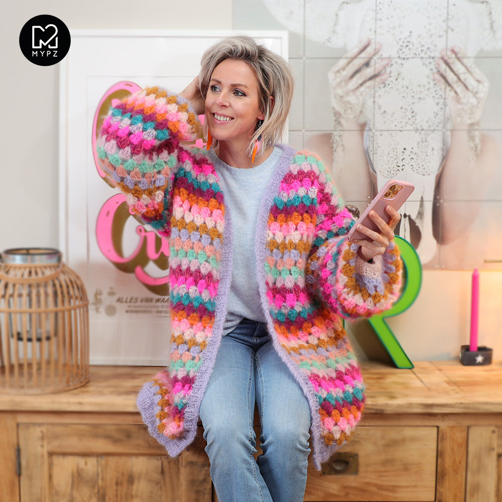 Crochet kit - MYPZ Mohair Granny stripes cardigan Spirit (ENG-NL)