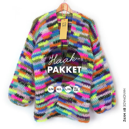Crochet kit - Chunky Mohair cardigan Groovy Rainbow (ENG-NL)