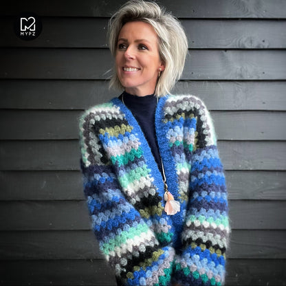 Crochet kit - MYPZ Short Mohair Granny stripes cardigan Jeans (ENG-NL)