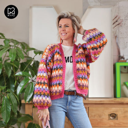 Crochet kit - MYPZ Short Mohair Granny stripes cardigan Rosé (ENG-NL)
